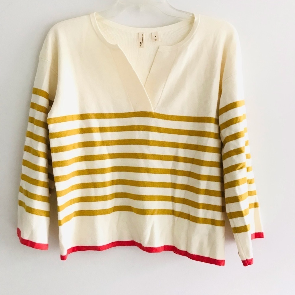 Anthropologie | Moth Stripe V-neck Knit Top Womens Size M Beige 3/4 Sleeve